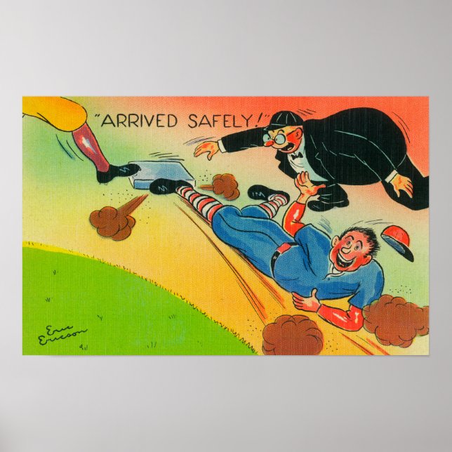 Baseball-Spieler, der auf Basis gleitet und ankomm Poster (Vorne)