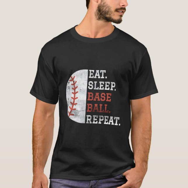 Baseball-Spieler essen Baseball-Schlaf T-Shirt (Vorderseite)
