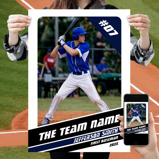 Baseball-Spieler individualisierbares Geschenk in  Poster (Baseball Player Poster in White with Custom Team Name and Black Blue Stripes)