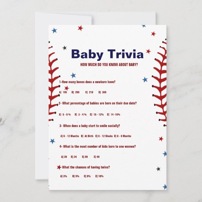 Baseball sport Baby trivia Baby shower game Card Einladung (Vorderseite)