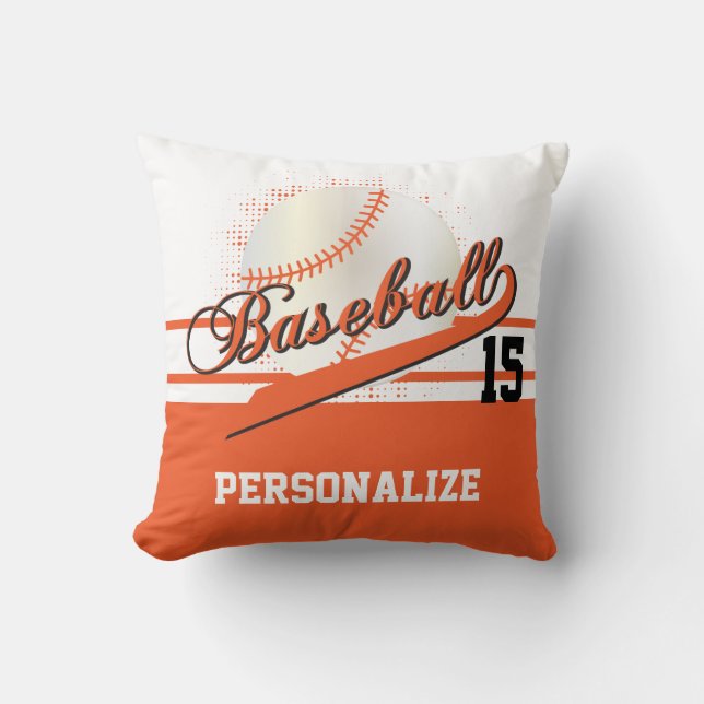 Baseball-Sport| DIREKT Name & Nummer| Orange Kissen (Vorderseite)