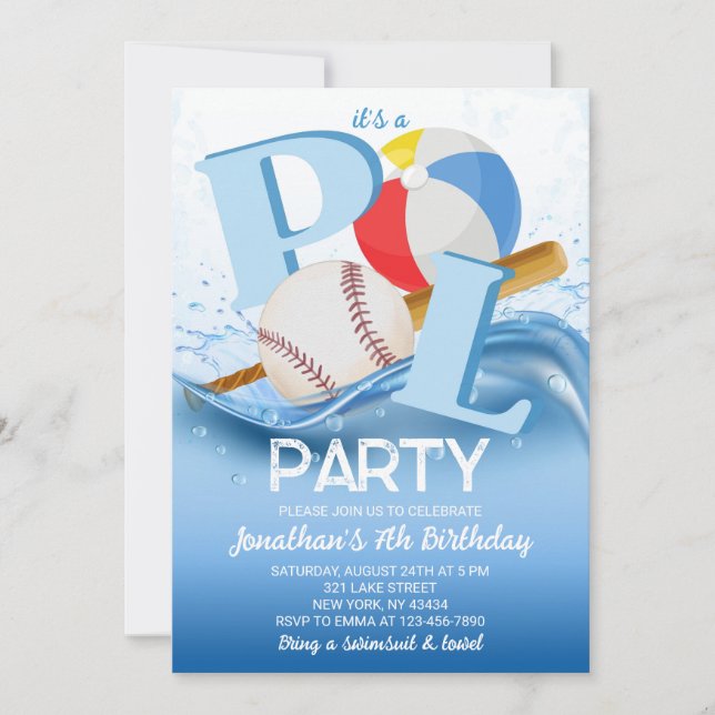 Baseball-Strandball-Poolparty-Geburtstag Einladung (Vorderseite)