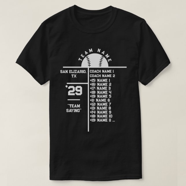 Baseball Team Roster Custom Player Names & Coach T-Shirt (Design vorne)