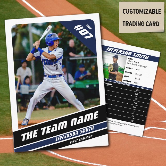Baseball Team Trading Card Geschenk Blau Weiß Telefonnummerkarte (Baseball Player Trading Card in White with Custom Team Name and White Blue Elements)