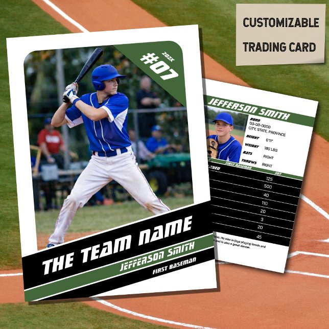 Baseball Team Trading Card Geschenk grün weiß Telefonnummerkarte (Baseball Player Trading Card in White with Custom Team Name and Green and Black Elements)