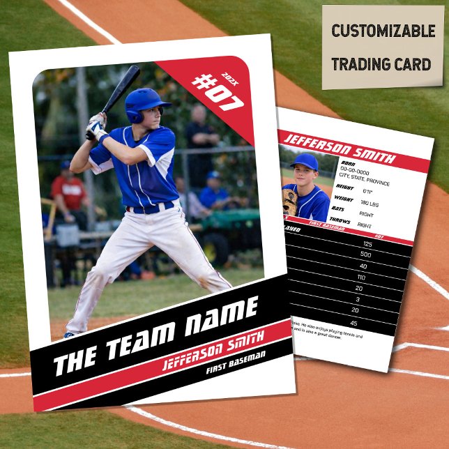 Baseball Team Trading Card Geschenk Red White Telefonnummerkarte (Baseball Player Trading Card in White with Custom Team Name and White Red Elements)