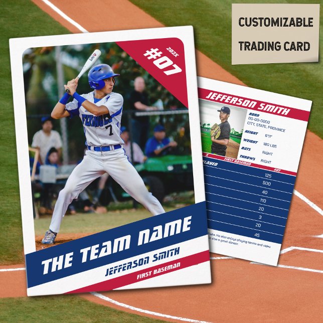 Baseball Team Trading Card Red Blue Telefonnummerkarte (Baseball Player Trading Card in White with Custom Team Name and Red White Blue Elements)