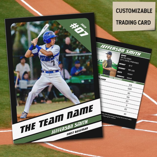 Baseball Team Trading Card Sport Geschenk Grün Telefonnummerkarte (Baseball Player Trading Card in Black with Custom Team Name and White Green Elements)
