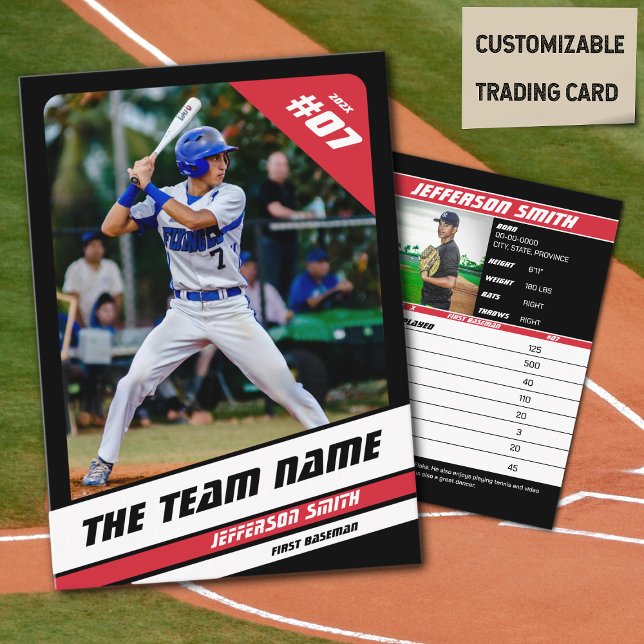 Baseball Team Trading Card Sport Geschenk Red Telefonnummerkarte (Baseball Player Trading Card in Black with Custom Team Name and White Red Elements)