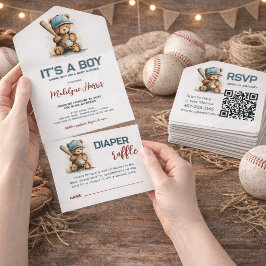 Baseball Teddy Bear Bory Baby Shower  All In One Einladung