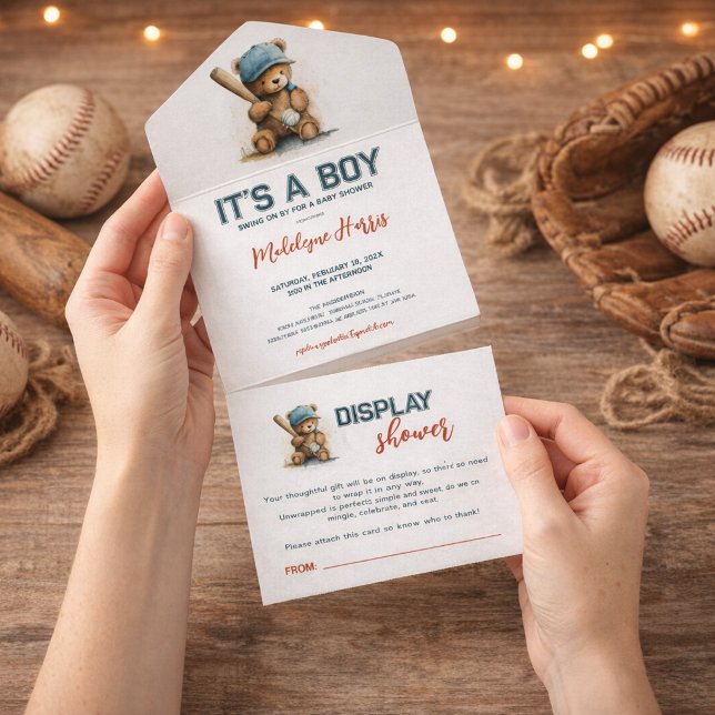 Baseball Teddy Bear Boy QR Display  Baby Shower All In One Einladung (Von Creator hochgeladen)