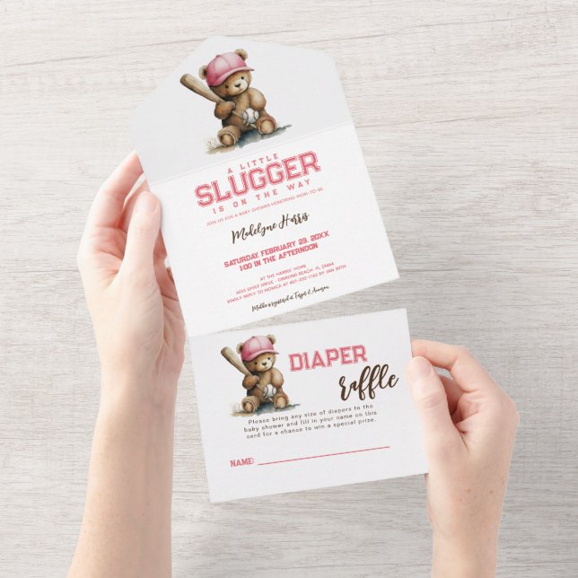 Baseball Teddy Bear QR RSVP Diaper raffle All In One Einladung (Abreißtisch)