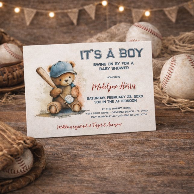 Baseball  Teddy Bear Watercolor Boy Baby Shower  Einladungspostkarte (Von Creator hochgeladen)