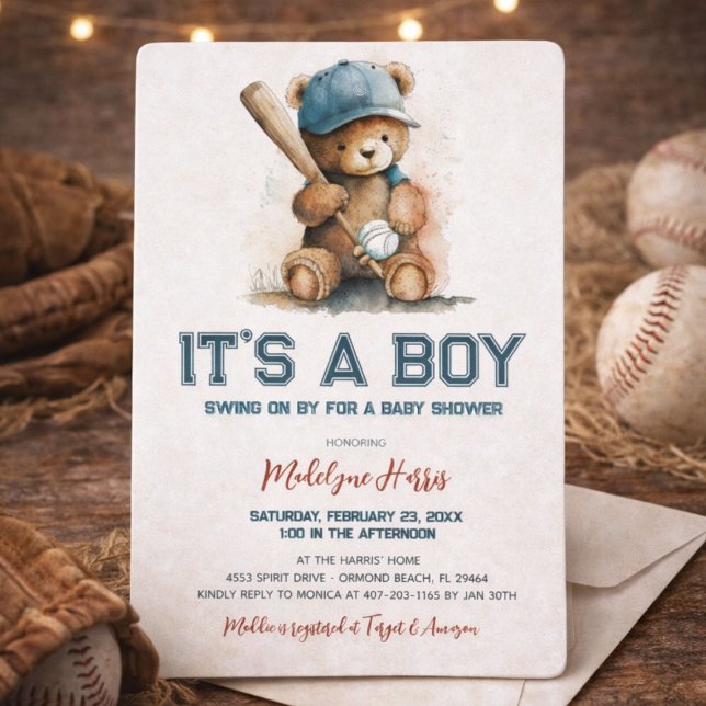 Baseball Teddy Bear Watercolor Boy Babydusche Einladung (Von Creator hochgeladen)
