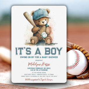 Baseball Teddy Bear Watercolor Boy Babydusche Einladung