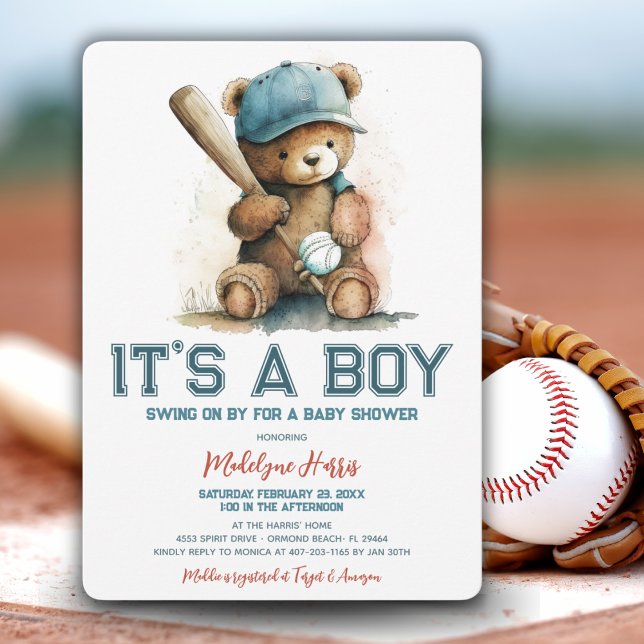 Baseball Teddy Bear Watercolor Boy Babydusche Einladung (Von Creator hochgeladen)