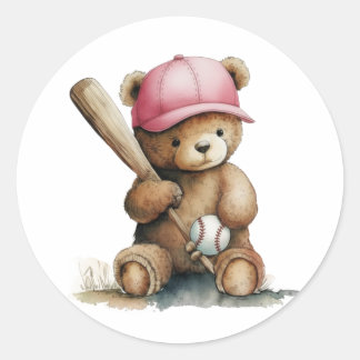 Baseball Teddybär Mädchen mit rosa Mütze Baby-Part Runder Aufkleber
