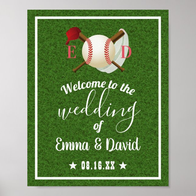 Baseball Thema Sport Hochzeit Grün Gras Willkommen Poster (Vorne)