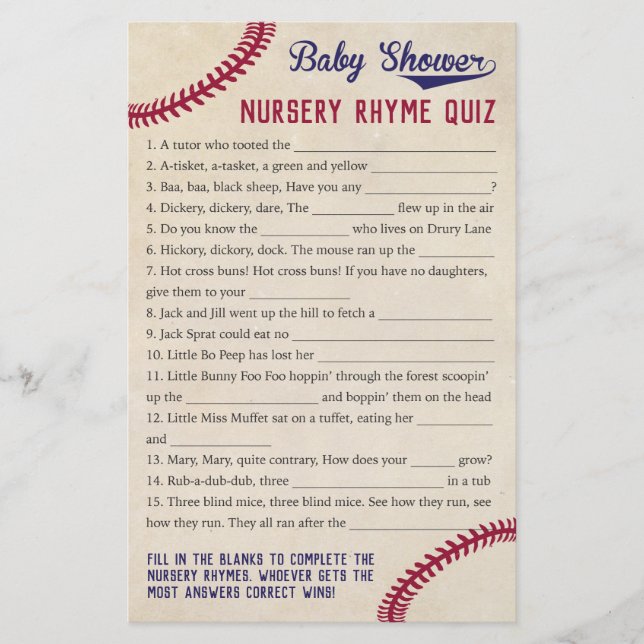 Baseball Theme Baby Dusche Kinderzimmer Rhyme Quiz Flyer (Vorne)