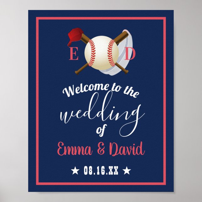 Baseball Theme Sports Wedding Navy Blue Willkommen Poster (Vorne)