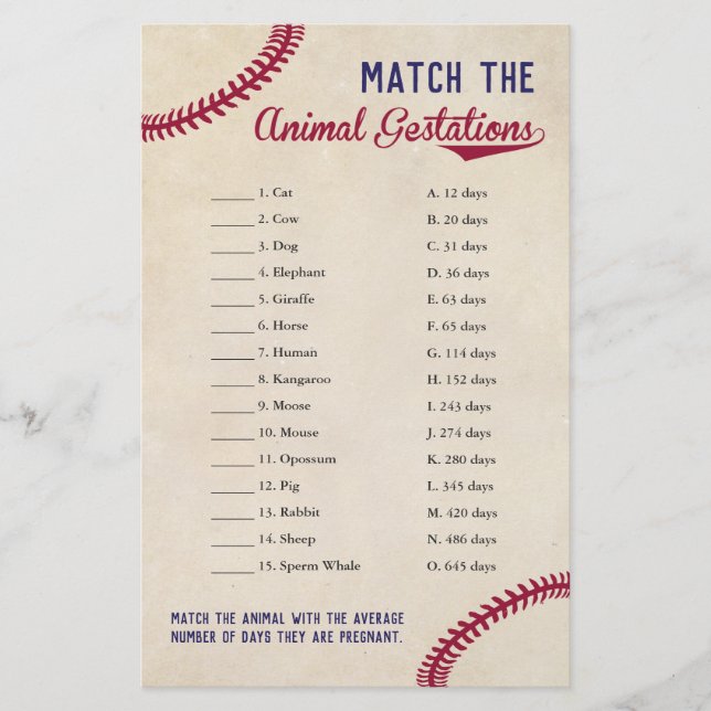 Baseball Themed Animal Gestation Match Shower Game Flyer (Vorne)