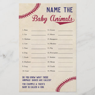 Baseball Themed Baby Dusche Baby Animal Name Spiel Flyer