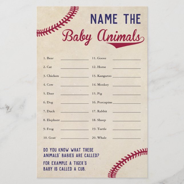 Baseball Themed Baby Dusche Baby Animal Name Spiel Flyer (Vorne)