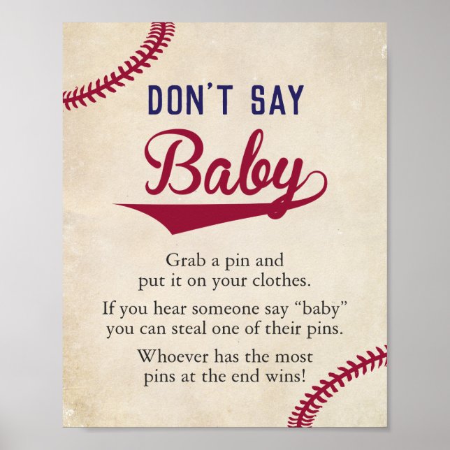 Baseball Themed Baby Dusche Sage kein Baby-Zeichen Poster (Vorne)