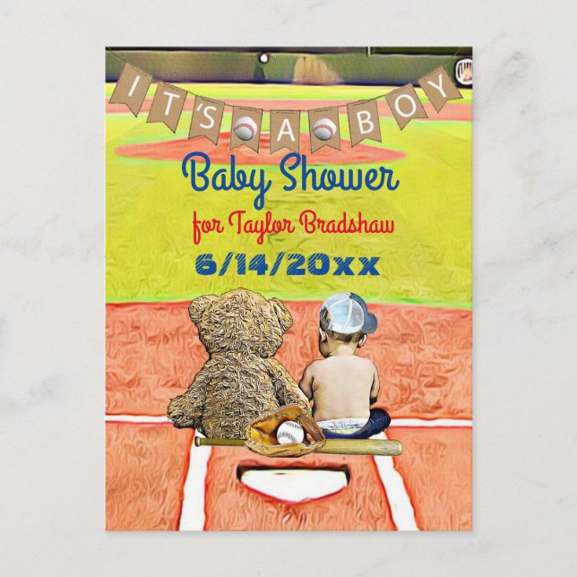 Baseball Themed Boy's Baby Shower Einladung Postkarte (Vorderseite)
