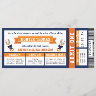 Baseball Ticket Baby Dusche, blau, orange Einladung