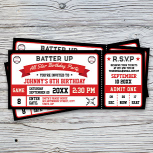 Baseball Ticket Geburtstagsparty Red Black Einladung