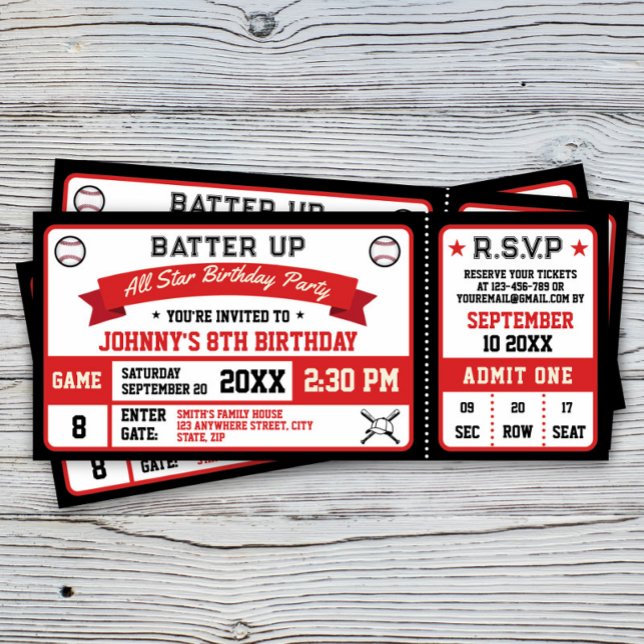 Baseball Ticket Geburtstagsparty Red Black Einladung (Von Creator hochgeladen)