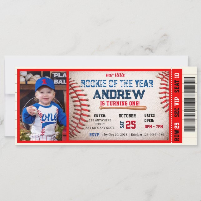 Baseball-Ticket Roter Geburtstag mit Foto  Einladung (Vorderseite)