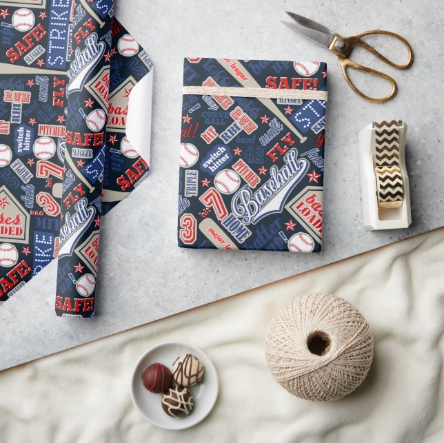 Baseball Typografie Red White Blue ID770 Geschenkpapier (Kunsthandwerk)