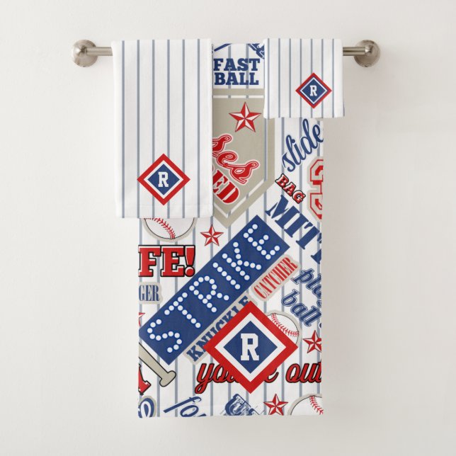 Baseball Typografie Red White Blue Stripes ID770 Badhandtuch Set (Insitu)