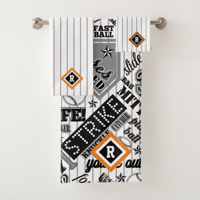 Baseball Typografie Schwarz-weiß Streifen ID770 Badhandtuch Set (Insitu)