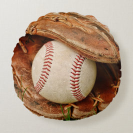 Baseball und alter Mitt im Sommer-Gras Rundes Kissen