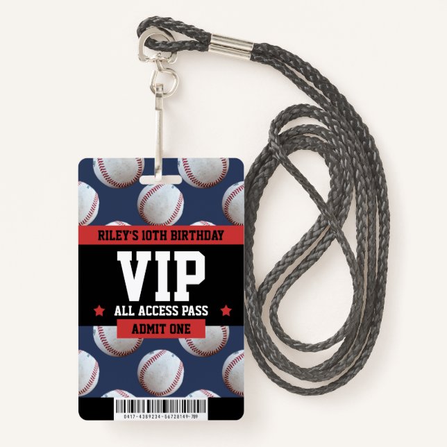 Baseball VIP Birthday Party Guest Pass Ausweis (Vorderseite mit Schlüsselband)