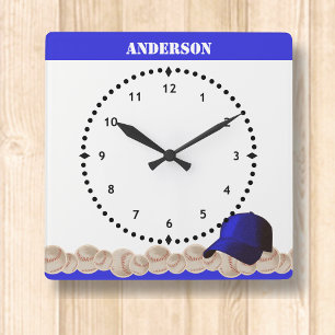 Baseball Wall Clock Blue Cap Quadratische Wanduhr