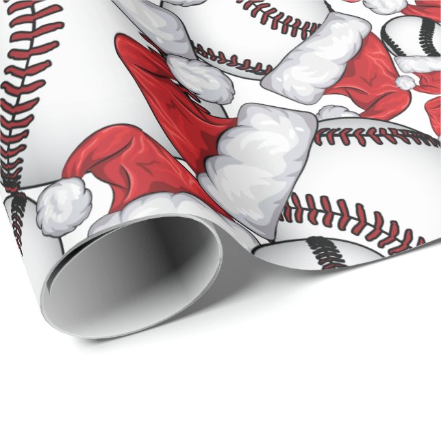 Baseball Weihnachten mit Weihnachtsmannmützen Geschenkpapier (Rolleneckpunkt)