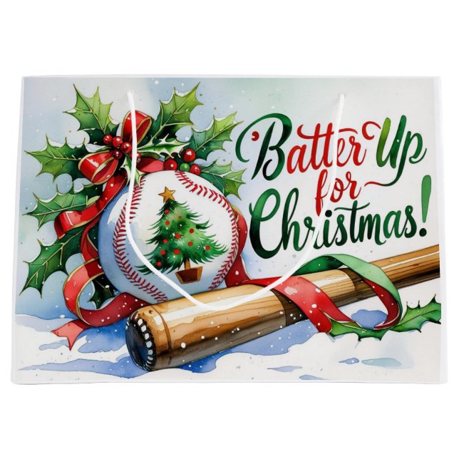 Baseball Weihnachten Thema Batter Up für Weihnacht Große Geschenktüte (Vorderseite)
