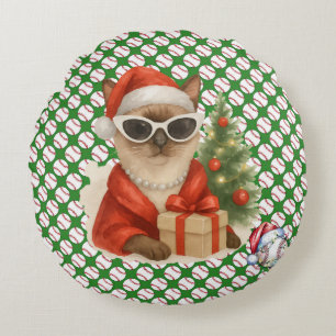 Baseball Weihnachten Thema für Cat Lovers Rundes Kissen