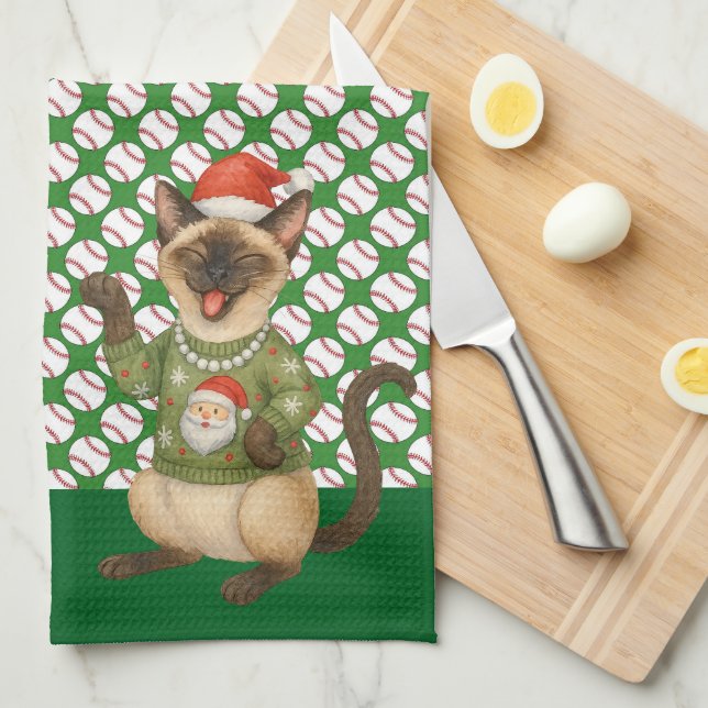 Baseball Weihnachten Thema für Katzenliebhaber Geschirrtuch (Viertel Falte)