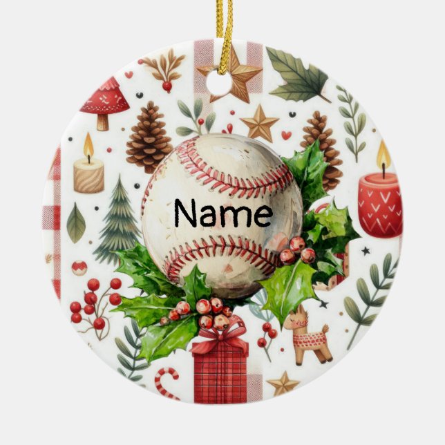 Baseball Weihnachten Thema für Kinder mit Namen Keramik Ornament (Vorne)