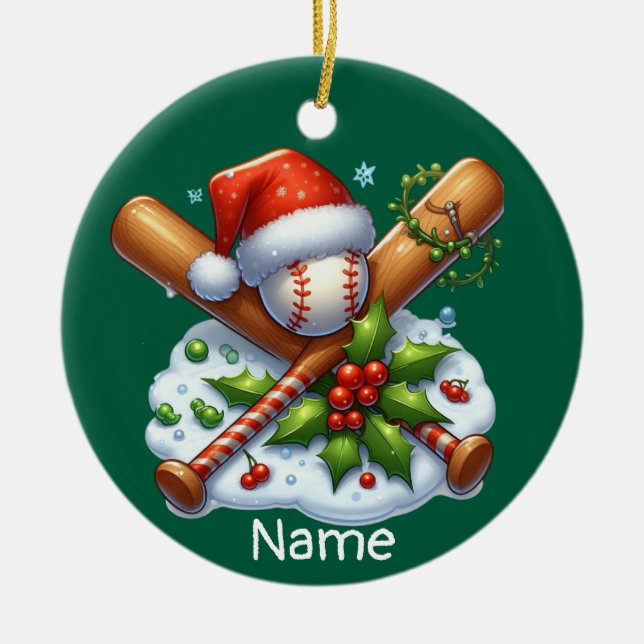 Baseball Weihnachten Thema für Kinder mit Namen Keramik Ornament (Vorne)