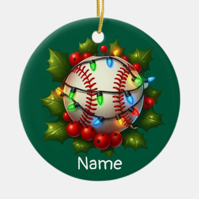 Baseball Weihnachten Thema für Kinder mit Namen Keramik Ornament (Vorne)