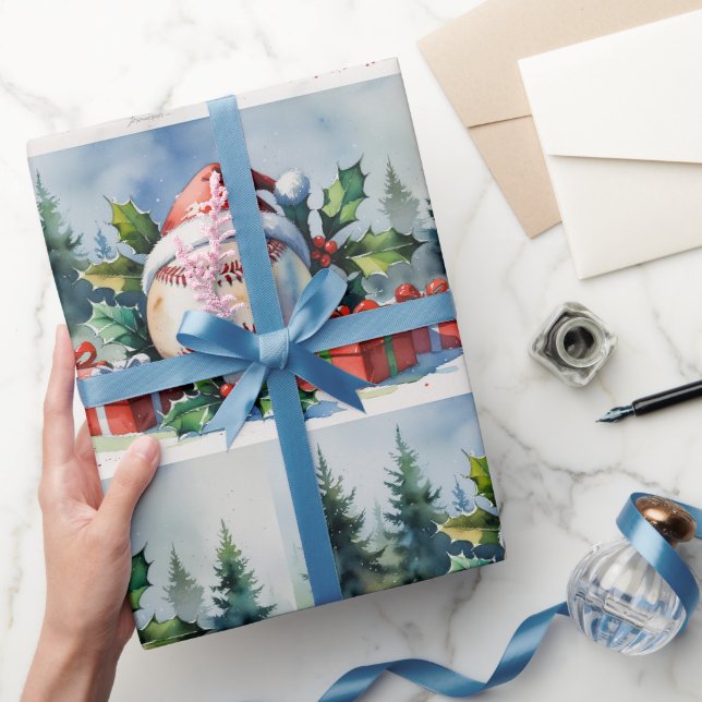 Baseball Weihnachten Thema mit Santa Hut  Geschenkpapier (Schenken)