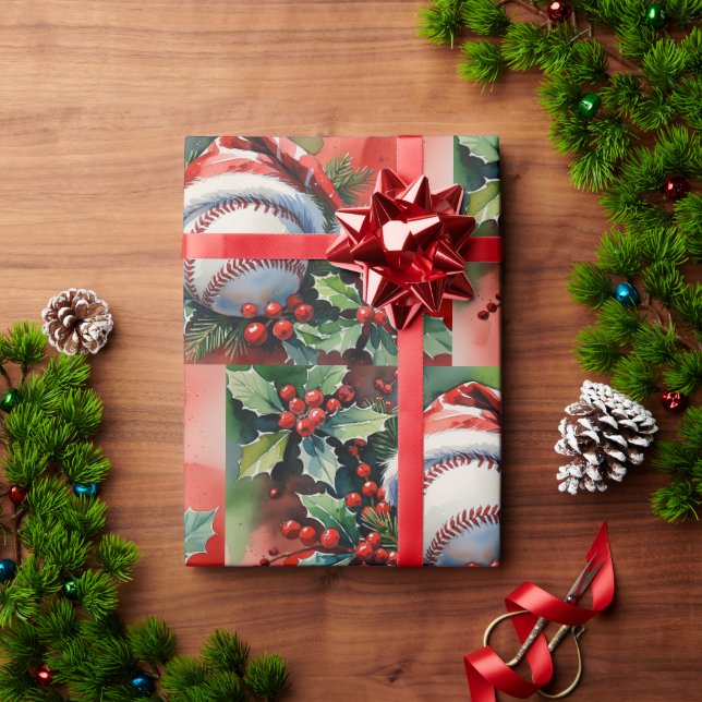 Baseball Weihnachten Thema mit Santa Hut  Geschenkpapier (Feiertagsgeschenk)
