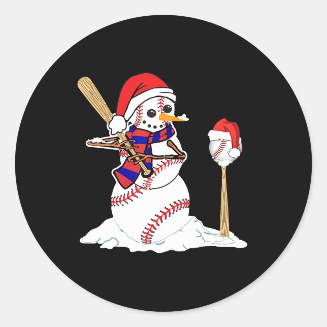 Baseball Weihnachtssnowman spielt Baseball Runder Aufkleber (Vorderseite)