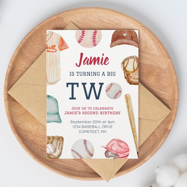 Baseball Wende Two Boy 2. Geburtstag Einladung (Turning two Invitation on wooden plate and envelope.)